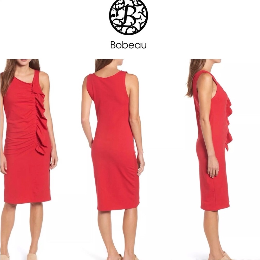 Bobeau Sz M Red French Terry Ruffle Shift Dress